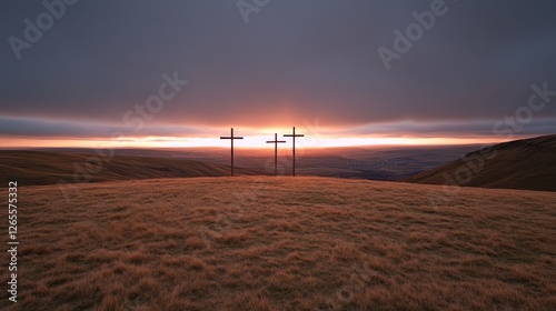 Obraz na płótnie A serene view from an empty cave showcasing three crosses at sunset, symbolizing Easter reflection and renewal w salonie
