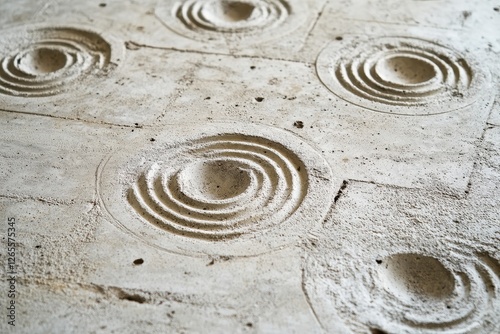 Circular patterns recessed into a light colored stone surface photo