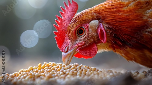 Close-up of a chicken pecking at grains on the ground with a blurred natural background