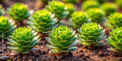 Aerial View of Rhodiola Rosea Sprouts Emerging in Early Spring - Vibrant Green Herbal Plantlets