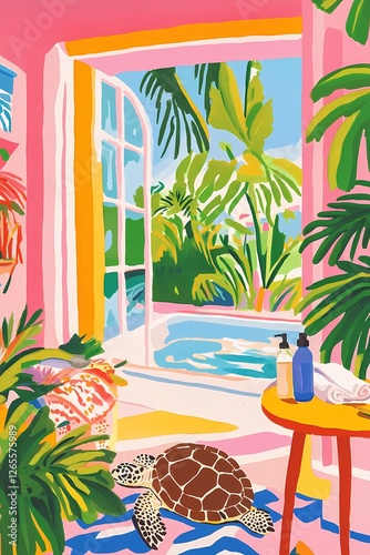 Colorful illustration of an interior design with plants, a bathtub with a brown sea turtle, towel, and hand wash bottles, against a pastel pink wall with a dreamy vibe