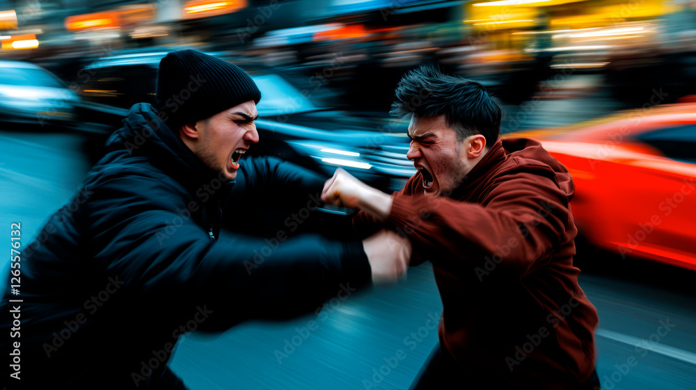 Two men fighting on the road - toxic masculinity, road rage. Blurred dynamic motion Two men fighting on the road - toxic masculinity, road rage. Blurred dynamic motion