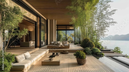 Luxury villa patio with bamboo garden overlooking scenic water view