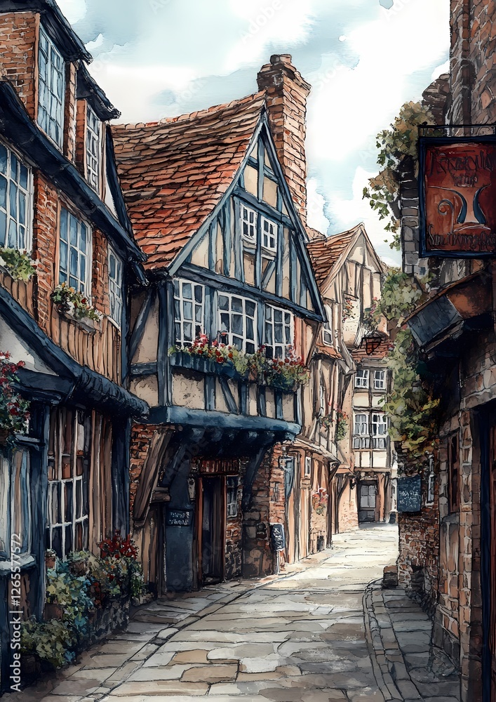 Fototapeta premium A postcard illustration of medieval architecture, capturing its grandeur in a watercolor painting style
