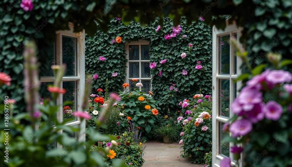 Fototapeta premium Window to a Secret Garden of Blooming Flowers and Verdant Vines