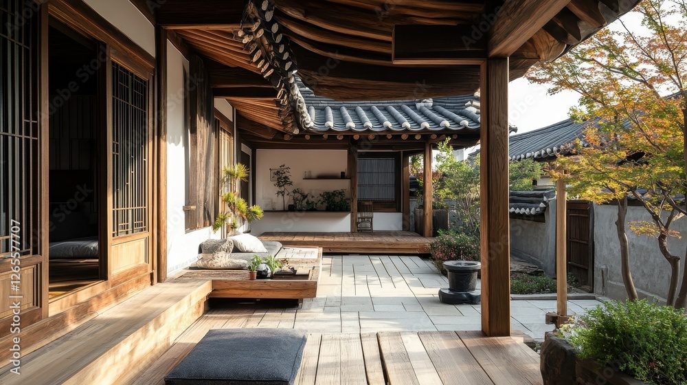Korean house with beautiful wooden architecture and an interior courtyard Korean house with beautiful wooden architecture and an interior courtyard