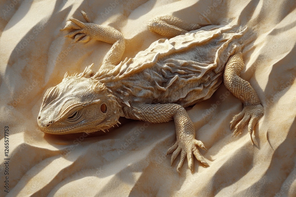 Naklejka premium Bearded dragon lies on sand basking in the sunlight