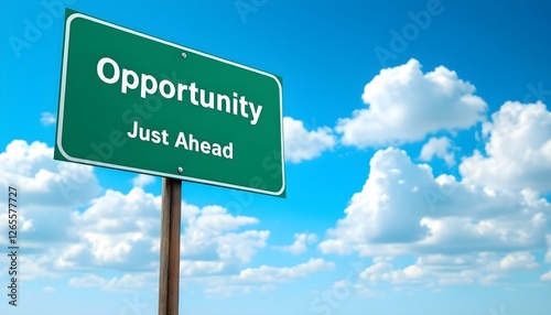 Opportunity just ahead text green road sign