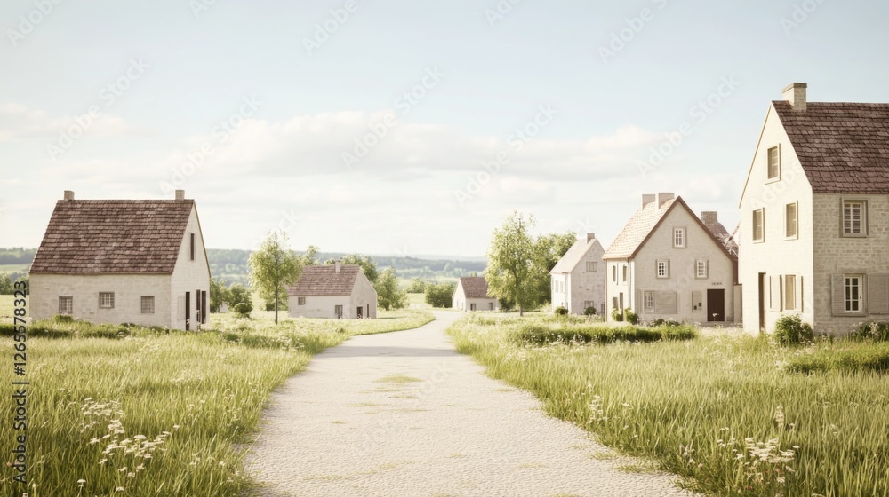 Peaceful village road, sunny day, green fields, idyllic rural scene, real estate Peaceful village road, sunny day, green fields, idyllic rural scene, real estate