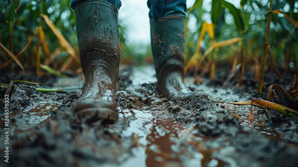 Man wearing olive green boots, walking through the muddy corn field after the water or river flood. Destroyed agricultural soil, damaged countryside crops or plants. Man wearing olive green boots, walking through the muddy corn field after the water or river flood. Destroyed agricultural soil, damaged countryside crops or plants.