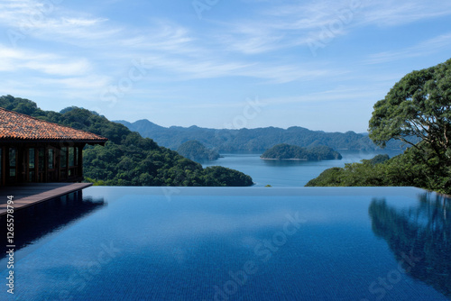A pool with a view of the mountains and a lake