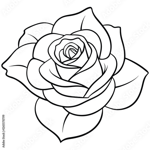 Rose outline black and white cute drawing. The flower is the main focus of the image. The flower adds a touch of nature and freshness to the scene. The image is simple and clear.