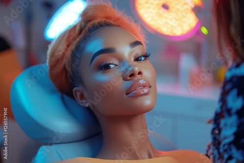 Professional cosmetologist making injections to correct chin form, lady visiting beauty salon for beauty procedures. Cosmetology concept