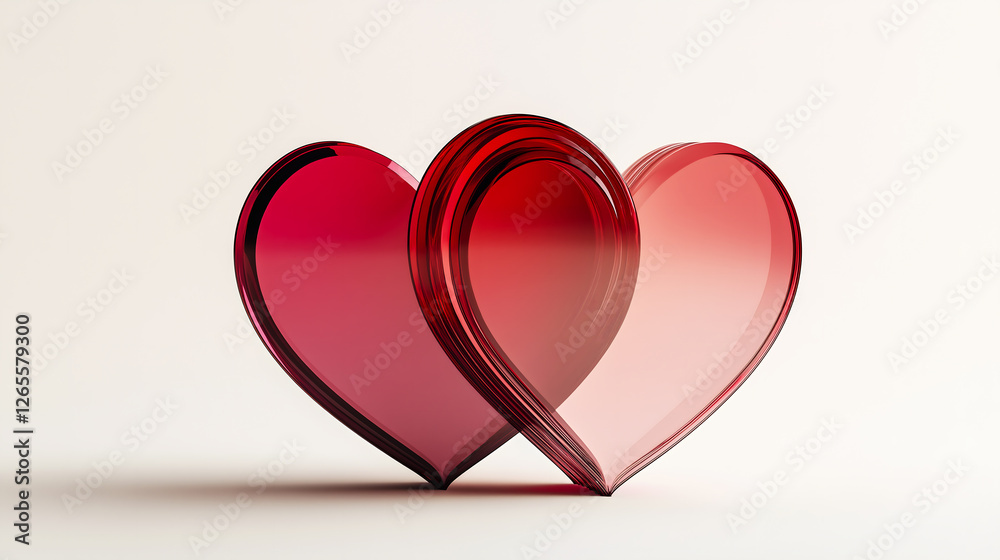 Overlapping 3D hearts in rich red and soft pink tones with a glossy, reflective finish on a light background. Romantic and visually appealing, perfect for Valentine's Day, love-themed designs. Overlapping 3D hearts in rich red and soft pink tones with a glossy, reflective finish on a light background. Romantic and visually appealing, perfect for Valentine's Day, love-themed designs.