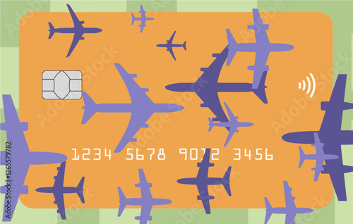 Airplanes seen from overhead are traveling left and right over a travel credit card or debit card in a 3-d illustration about costs and payment for air travel and vacations.