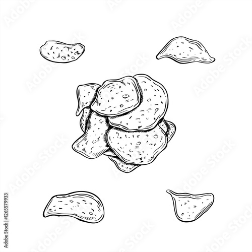 Crispy wavy potato chips pile and single chip vector illustration painted by black inks. Monochrome delicious crisps party fast food graphic sketch. Salty snack for cinema menu design, decor