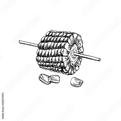 Grilled corn piece on wooden stick and kernels vector graphic sketch illustration painted by black inks. Mexican maize on skewer. Fried BBQ fast food etching drawing for restaurant menu, label