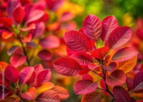 Aerial View of Vibrant Red Cotinus Coggygria Shrub Against Lush Green Background