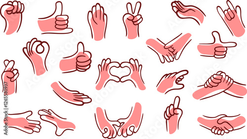 Set of cartoon hands in different gestures. Collection design elements for business communication, care, love. Funny vector illustration in groovy style.