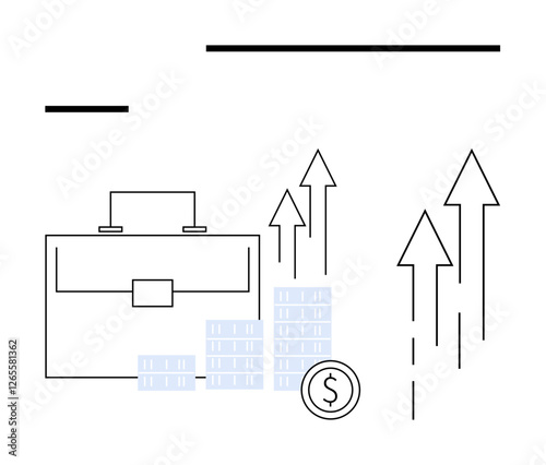 Business briefcase, bar charts representing profits, dollar coin, and arrows indicating growth. Ideal for business, finance, growth, success economy investments strategy. Line metaphor