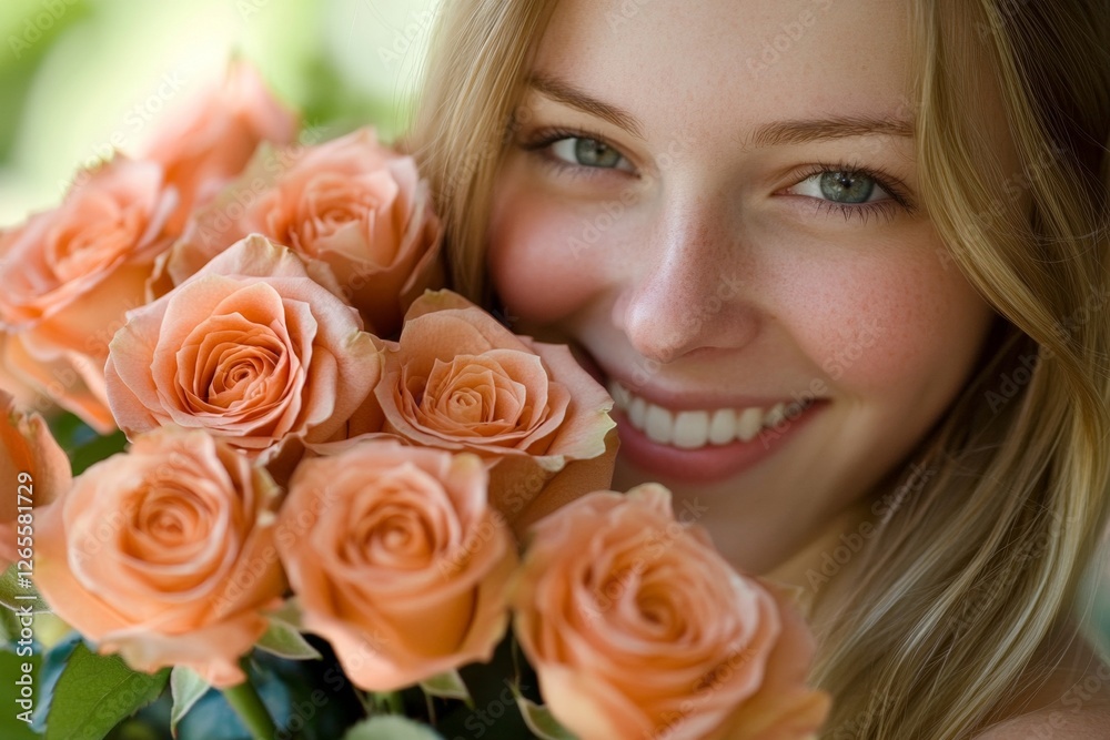 Young caucasian woman smiling with peach roses in natural setting Young caucasian woman smiling with peach roses in natural setting