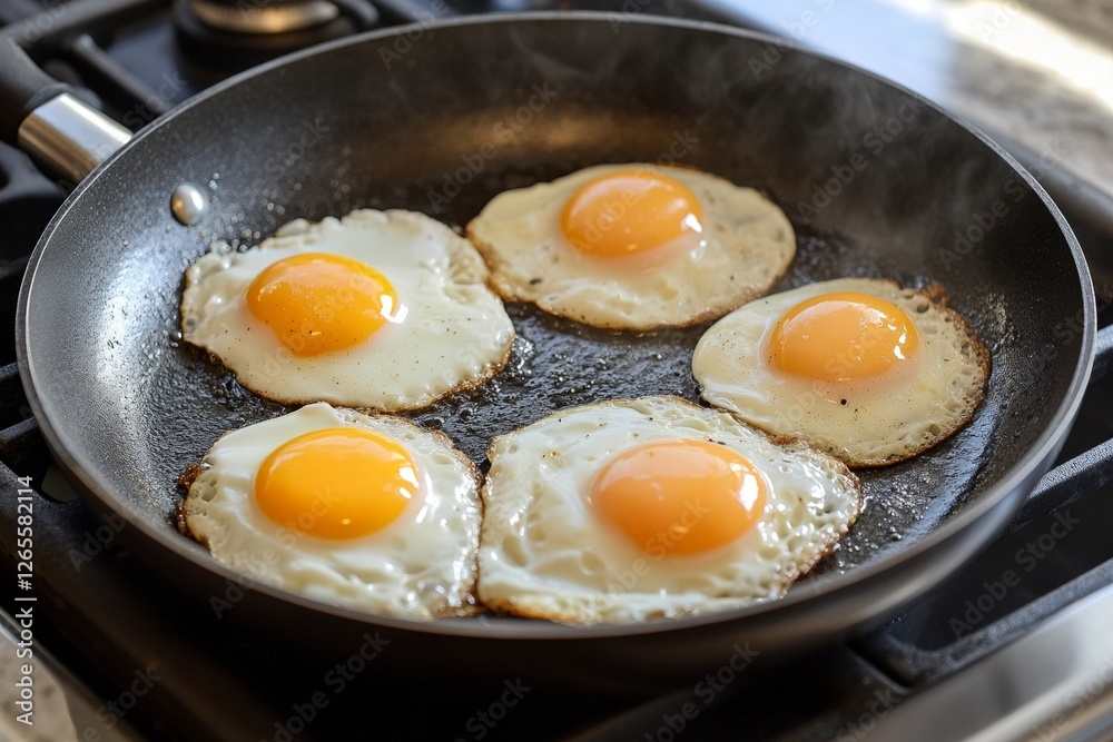Five fried eggs sizzling on a black skillet over a stove Five fried eggs sizzling on a black skillet over a stove