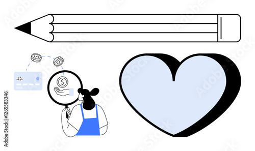Wallpaper Mural Woman holds magnifying glass over cash, coin, and debit card. Large pencil at the top. Light blue heart shape on the right. Ideal for finance, analysis, love, education research creativity Torontodigital.ca