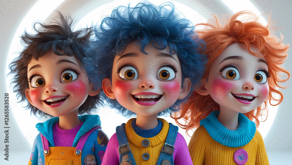 Highly Detailed 3D Render of Cartoon Children with Vibrant Features, Joyful Expressions, and Exaggerated Styles in a Luminous White Background Highly Detailed 3D Render of Cartoon Children with Vibrant Features, Joyful Expressions, and Exaggerated Styles in a Luminous White Background