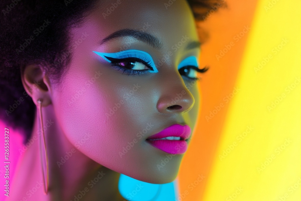 Young african female with vibrant makeup against colorful background Young african female with vibrant makeup against colorful background