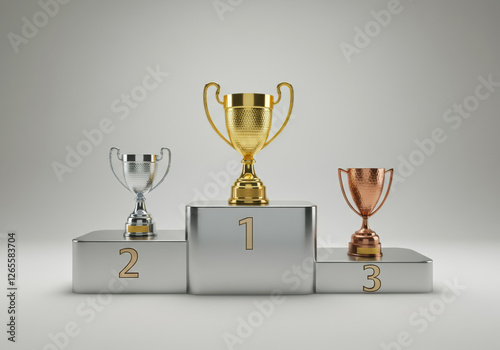 Golden trophy stands prominently on a podium with silver and bronze trophies on either side, symbolizing victory and achievement