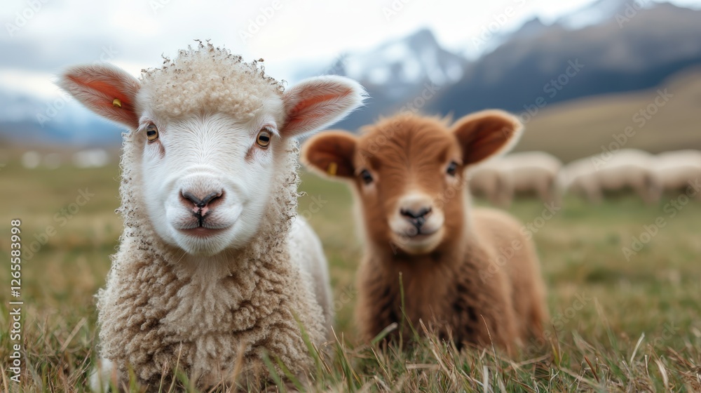 Two adorable young sheep accompanied by a playful calf enrich the peaceful landscape, showcasing the bond between these animals in a picturesque outdoor setting. Two adorable young sheep accompanied by a playful calf enrich the peaceful landscape, showcasing the bond between these animals in a picturesque outdoor setting.
