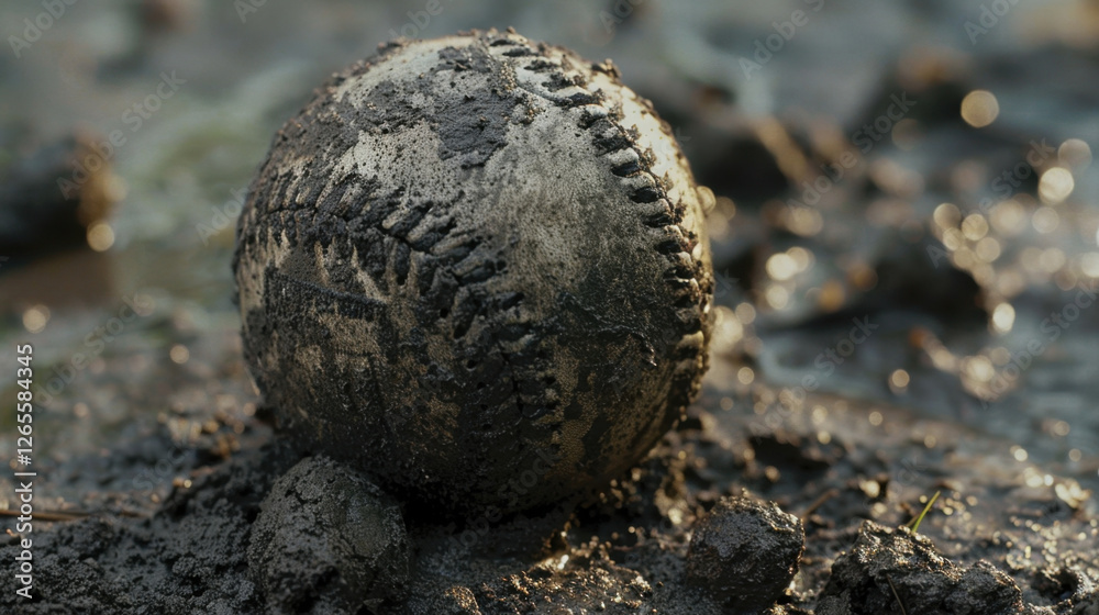 weathered baseball covered in mud rests on ground, showcasing its worn texture and details. scene evokes sense of nostalgia and passage of time weathered baseball covered in mud rests on ground, showcasing its worn texture and details. scene evokes sense of nostalgia and passage of time