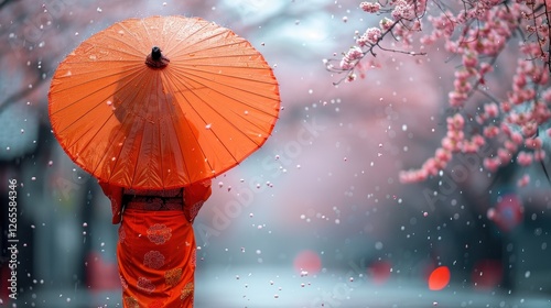 A serene scene of a person in a vibrant orange kimono holding a traditional umbrella amidst cherry blossoms