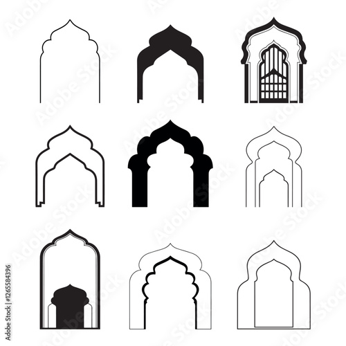 Arabic arch window icon set Silhouette of islamic badge Windows and arches Set of Islamic shape illustration