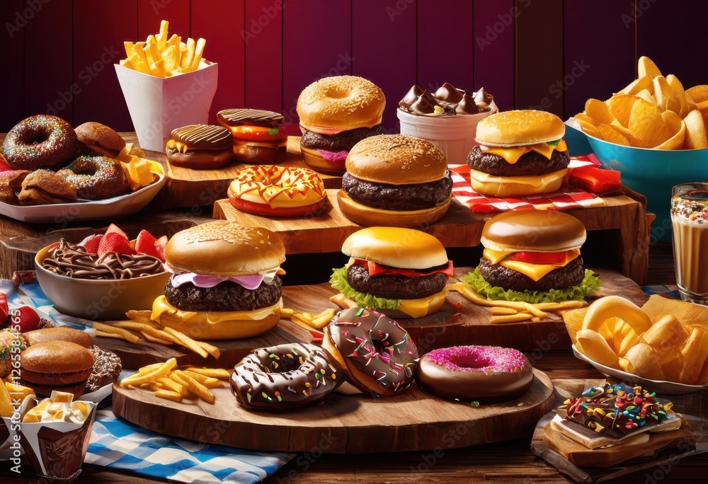 vibrant approach delectable junk food spread featuring close samples mouthwatering delicacies such sweet treats, burger, fries, pizza, cupcake, donut vibrant approach delectable junk food spread featuring close samples mouthwatering delicacies such sweet treats, burger, fries, pizza, cupcake, donut
