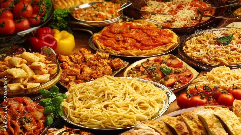 Fototapeta premium A spectacular display of various Italian dishes showcases a rich variety of flavors and ingredients. Plates brim with pasta, aromatic sauces, and fresh vegetables, inviting exploration
