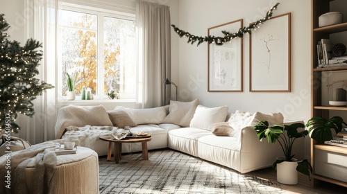Bright living room with cozy couch and christmas decorations
