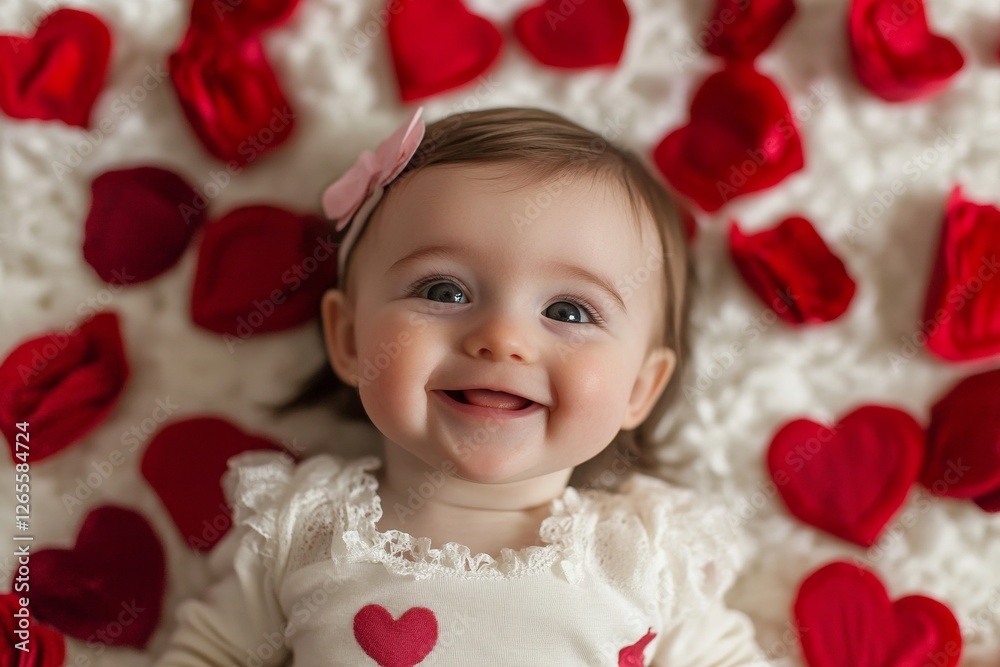 Smiling caucasian baby surrounded by red hearts on soft white background Smiling caucasian baby surrounded by red hearts on soft white background