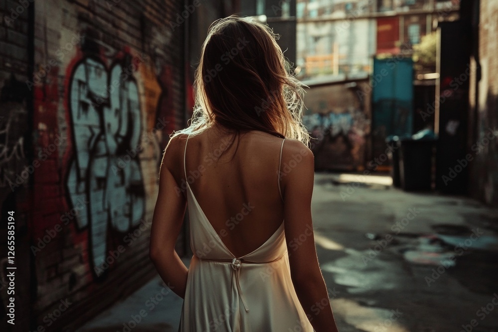 Naklejka premium Young caucasian female walking in urban alley with graffiti in the evening light