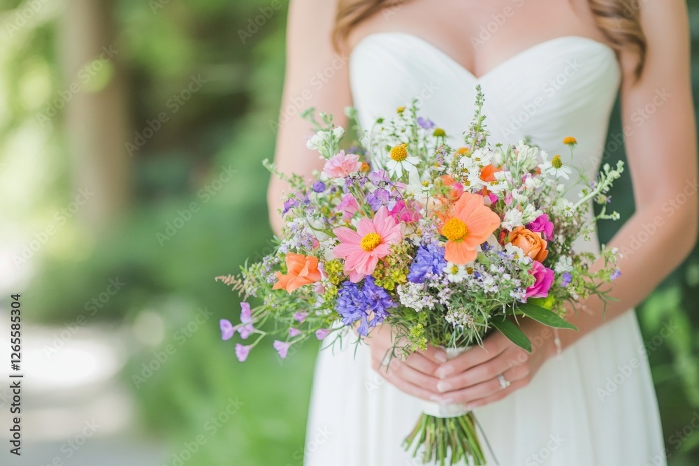 Bride holding vibrant wildflower bouquet in lush garden setting