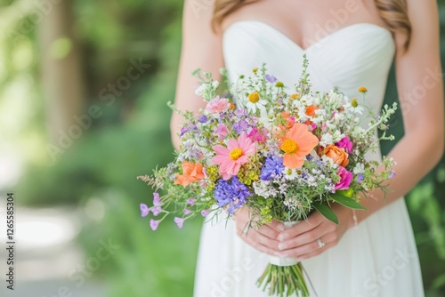 Wallpaper Mural Bride holding vibrant wildflower bouquet in lush garden setting Torontodigital.ca