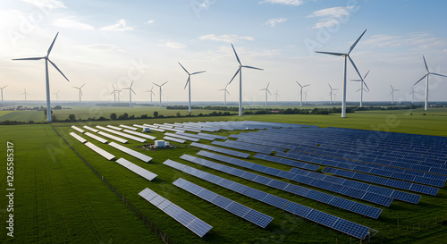 A solar farm located in a lush green field, with wind turbines in the distance.