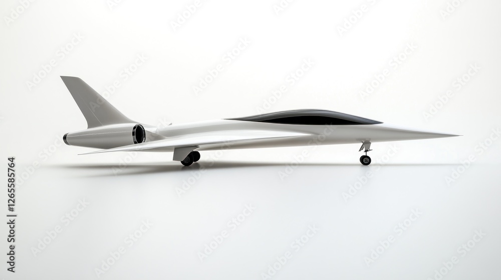 Sleek white supersonic jet on runway, design concept Sleek white supersonic jet on runway, design concept