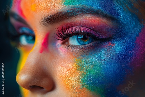 Colorful face paint on caucasian female creates vibrant artistic expression