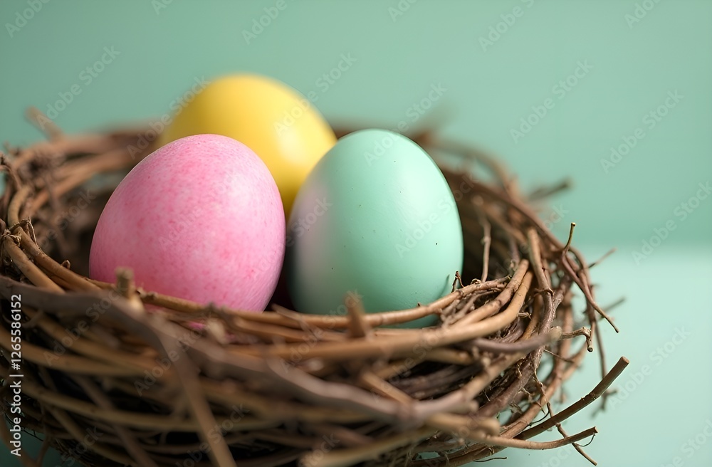 Obraz premium Easter eggs in nest close up.