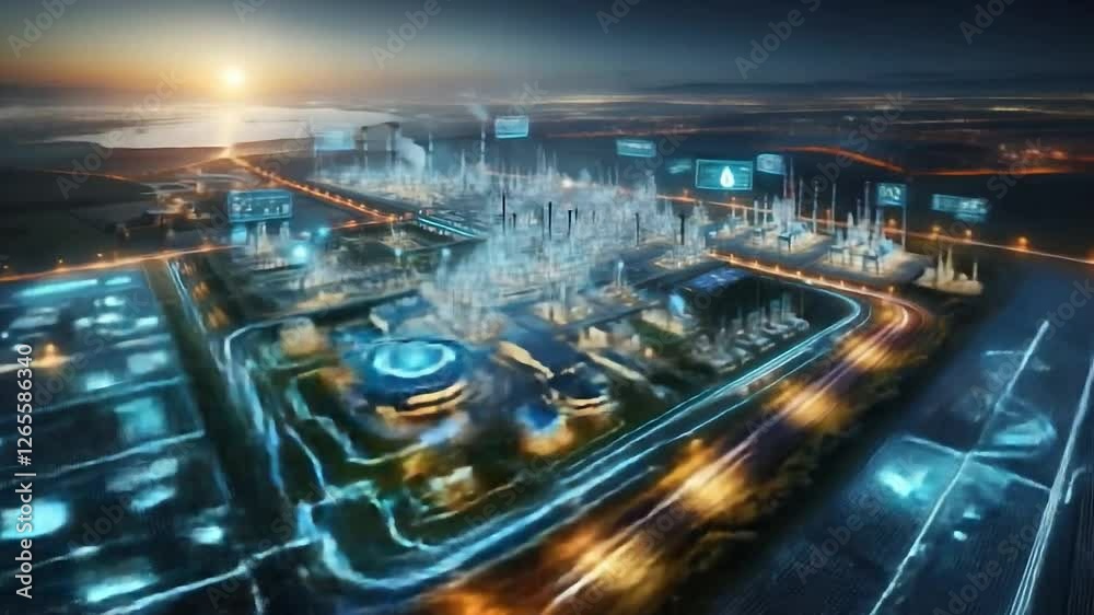 High tech industrial control center displaying networked data streams, augmented reality interfaces revealing facility operations through dynamic visual monitoring perspectives