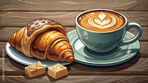 A delicious croissant beside a beautifully crafted cappuccino with latte art on a rustic table, perfect for breakfast or a coffee break.