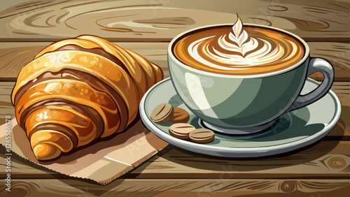 A delicious croissant beside a beautifully crafted cappuccino with latte art on a rustic table, perfect for breakfast or a coffee break.