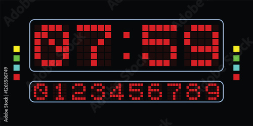 Set of red led digital clock number with grid isolated on black background. electronic figures for counter or calculator mockup interface design.