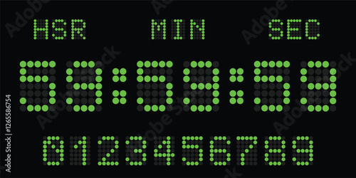 Set of green led digital clock number with circular isolated on black background. electronic figures for counter or calculator mockup interface design.